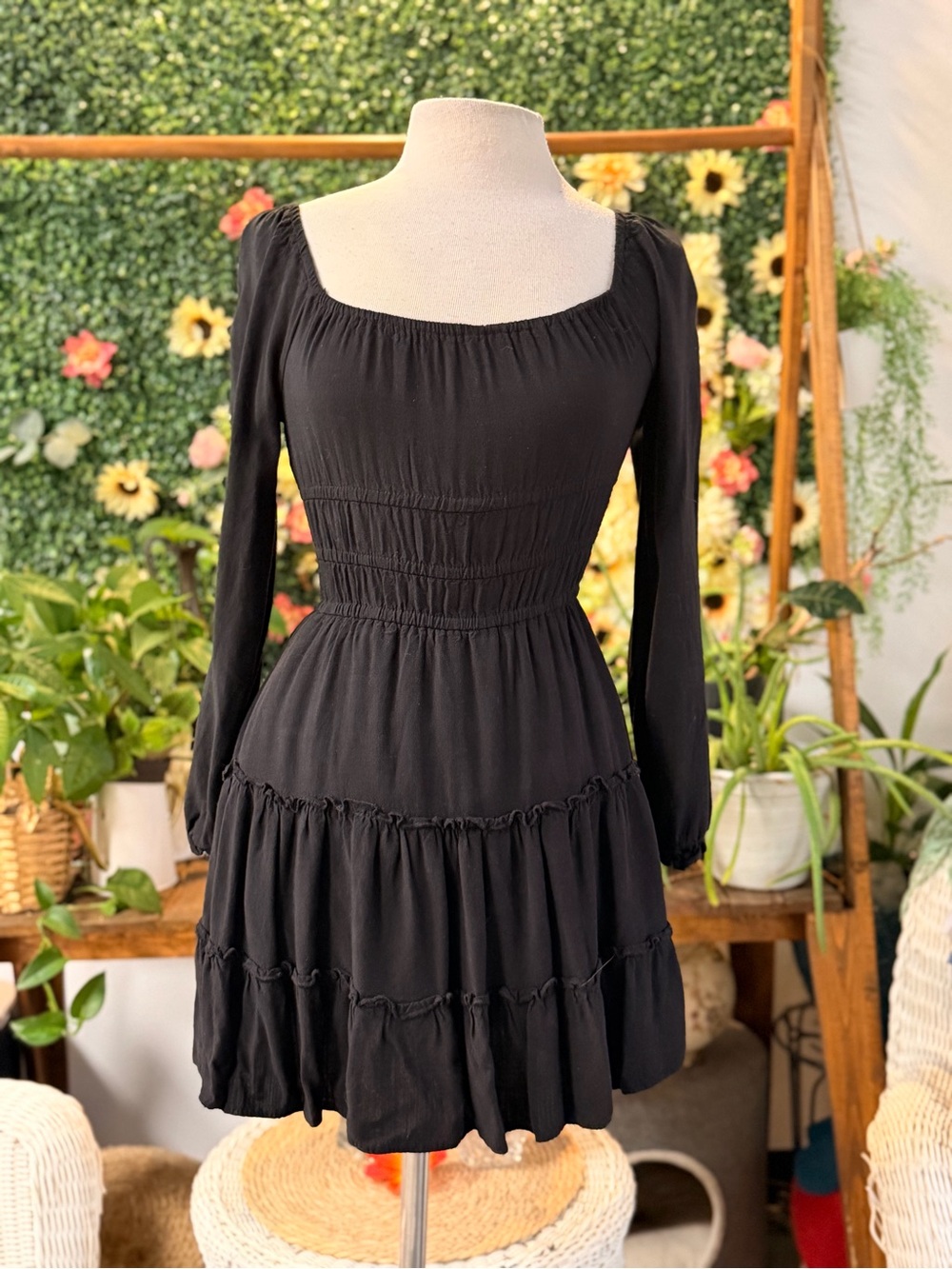 Altar'd State Black Long-Sleeve Square Neck Tiered Mini Dress